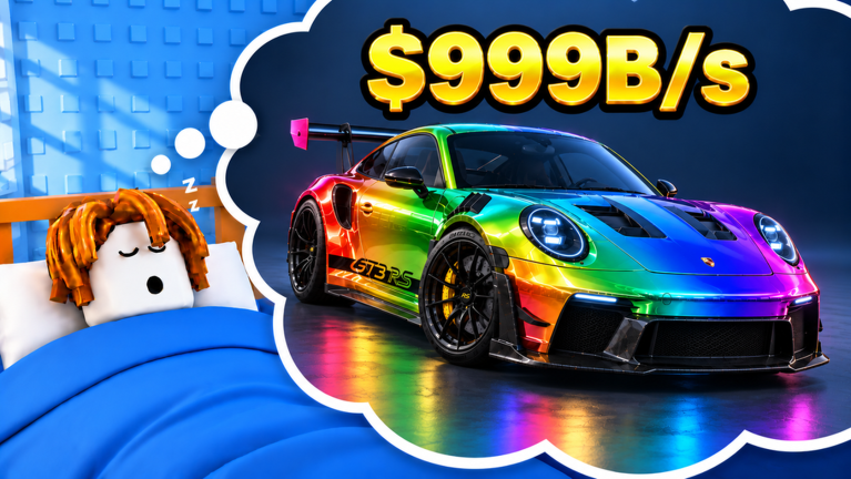 Un personaje de Roblox dormido en la cama soñando con un deportivo de cromado arcoíris y un contador de 999B de dólares por segundo — el arte principal de ganancias sin conexión de Dream Car Collection